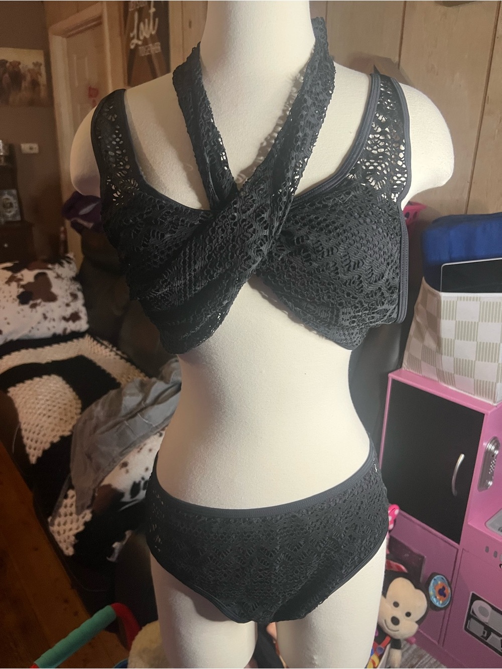 Black Crochet Cross-Front Bikini Set - Women's Swim